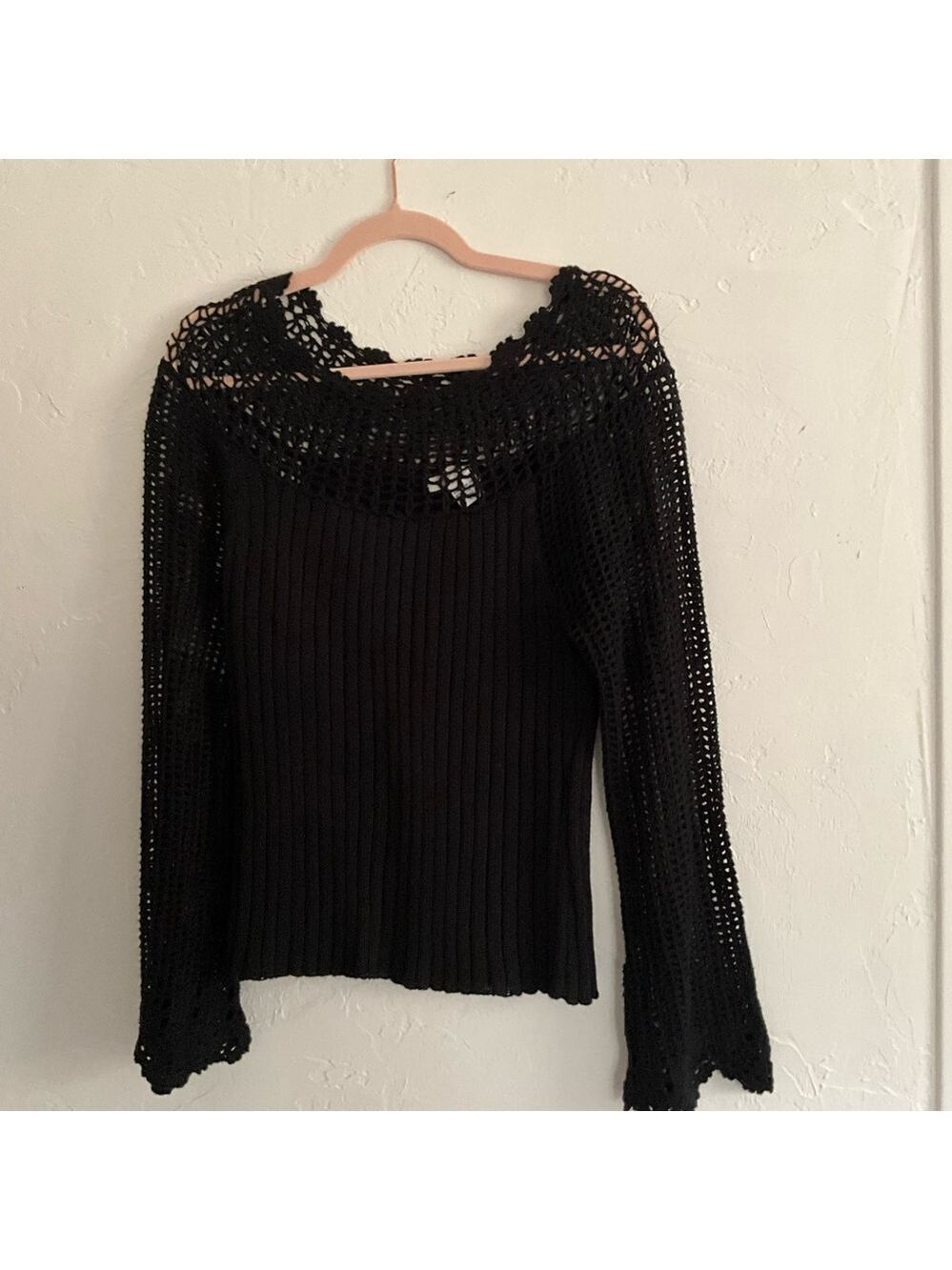 Newport News Black Crochet Knit Sweater Large